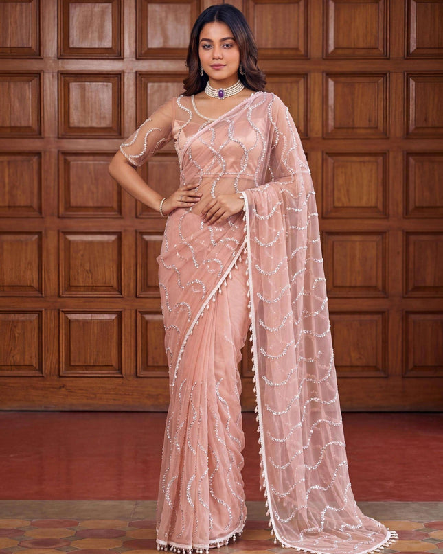 Elegant Net Saree with Beads | Sequins and Pearls Embroidery Work | Unstitched Net Blouse - Rosepetals Luxe