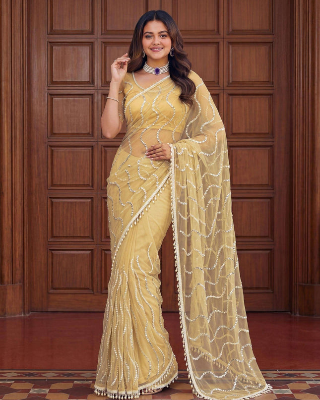 Elegant Net Saree with Beads | Sequins and Pearls Embroidery Work | Unstitched Net Blouse - Rosepetals Luxe