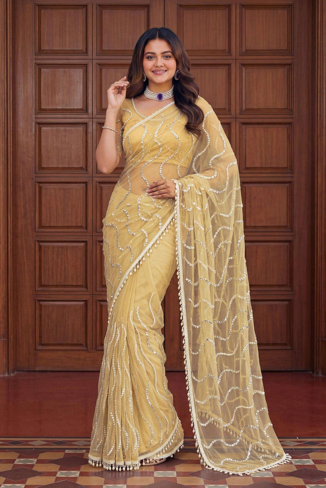 Elegant Net Saree with Beads | Sequins and Pearls Embroidery Work | Unstitched Net Blouse - Rosepetals Luxe