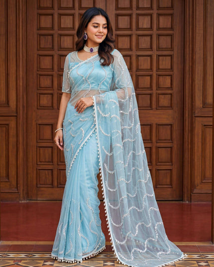 Elegant Net Saree with Beads | Sequins and Pearls Embroidery Work | Unstitched Net Blouse - Rosepetals Luxe