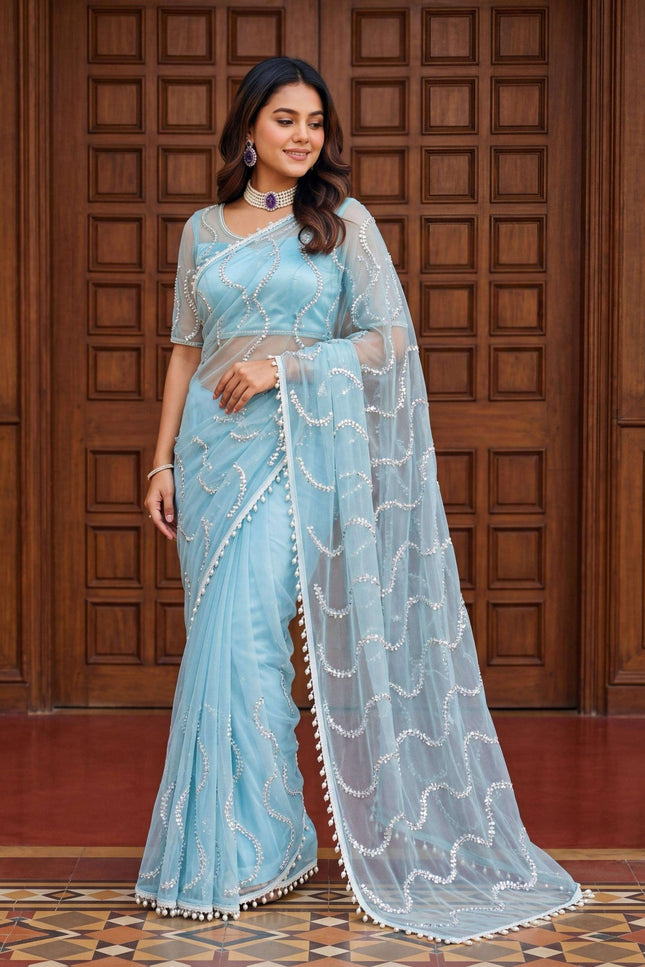 Elegant Net Saree with Beads | Sequins and Pearls Embroidery Work | Unstitched Net Blouse - Rosepetals Luxe