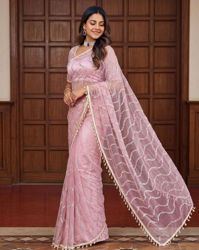 Elegant Net Saree with Beads | Sequins and Pearls Embroidery Work | Unstitched Net Blouse - Rosepetals Luxe