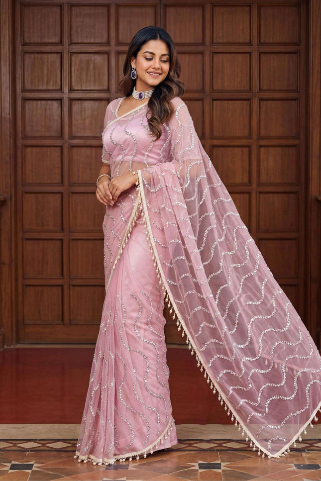 Elegant Net Saree with Beads | Sequins and Pearls Embroidery Work | Unstitched Net Blouse - Rosepetals Luxe
