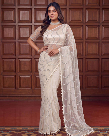 Elegant Net Saree with Beads | Sequins and Pearls Embroidery Work | Unstitched Net Blouse - Rosepetals Luxe