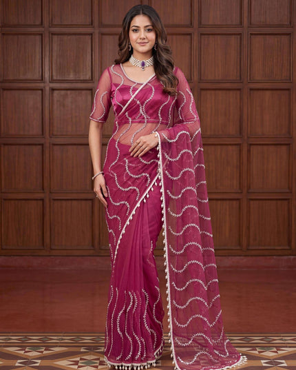 Elegant Net Saree with Beads | Sequins and Pearls Embroidery Work | Unstitched Net Blouse - Rosepetals Luxe