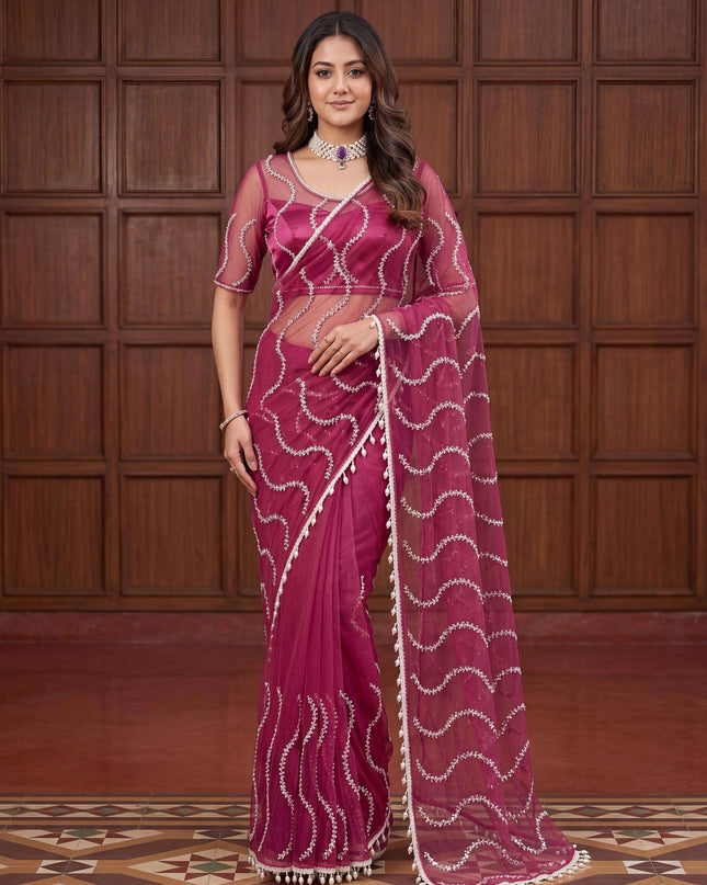 Elegant Net Saree with Beads | Sequins and Pearls Embroidery Work | Unstitched Net Blouse - Rosepetals Luxe
