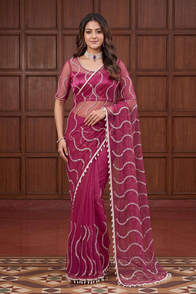 Elegant Net Saree with Beads | Sequins and Pearls Embroidery Work | Unstitched Net Blouse - Rosepetals Luxe