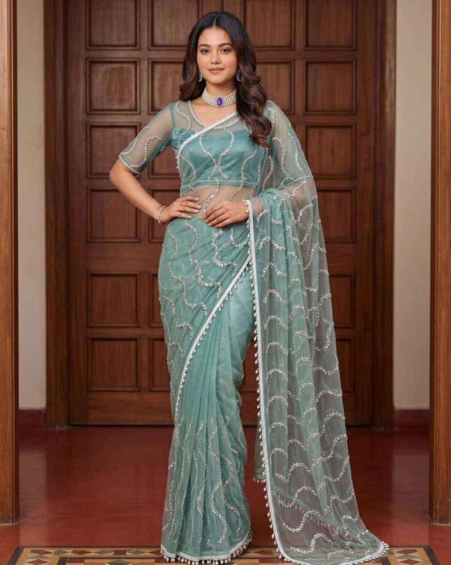 Elegant Net Saree with Beads | Sequins and Pearls Embroidery Work | Unstitched Net Blouse - Rosepetals Luxe