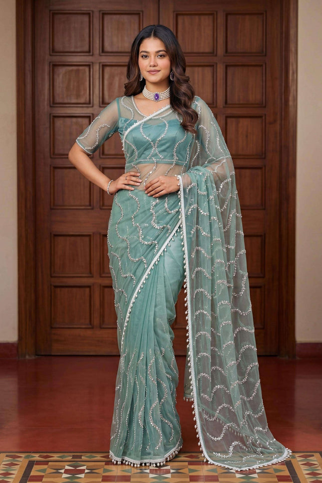 Elegant Net Saree with Beads | Sequins and Pearls Embroidery Work | Unstitched Net Blouse - Rosepetals Luxe