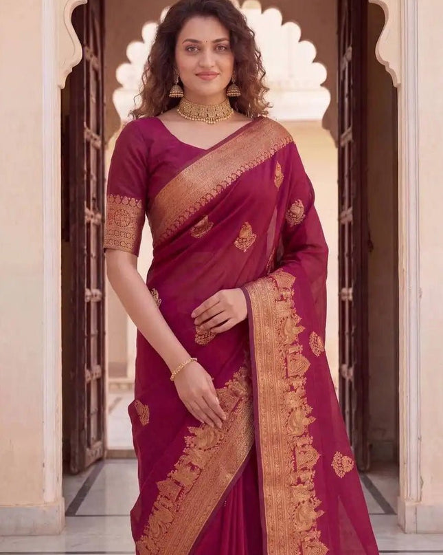 Elegant Organic Banarasi Lichi Silk Saree | Weddings, Festives - Rosepetals Luxe