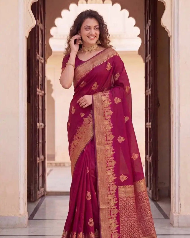 Elegant Organic Banarasi Lichi Silk Saree | Weddings, Festives - Rosepetals Luxe