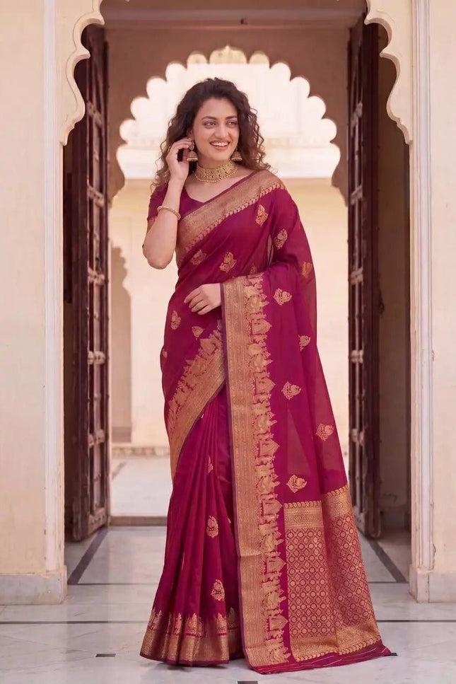 Elegant Organic Banarasi Lichi Silk Saree | Weddings, Festives - Rosepetals Luxe
