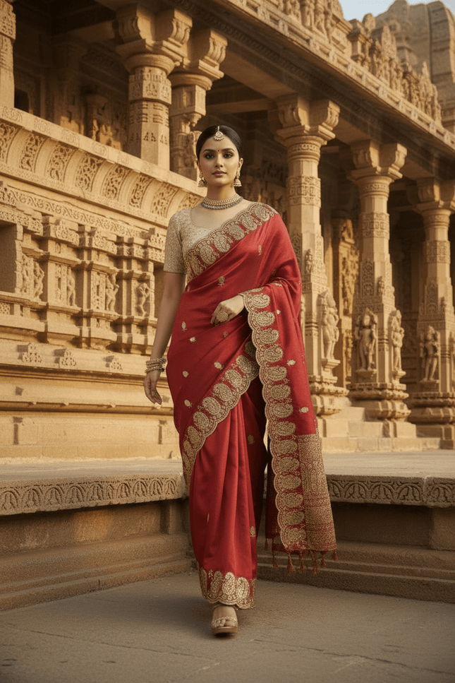 Elegant Satin Soft Silk Embroidery Saree with Sequins & Zari Work - Rosepetals Luxe