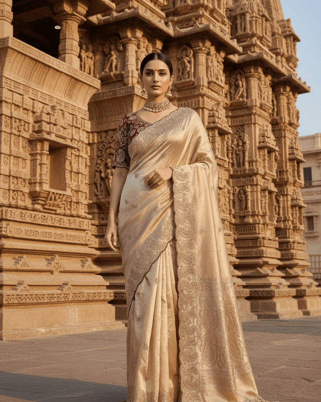 Elegant Satin Soft Silk Embroidery Saree with Sequins & Zari Work - Rosepetals Luxe