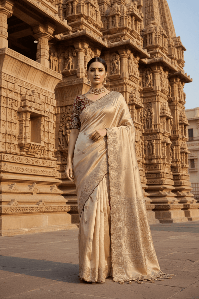 Elegant Satin Soft Silk Embroidery Saree with Sequins & Zari Work - Rosepetals Luxe