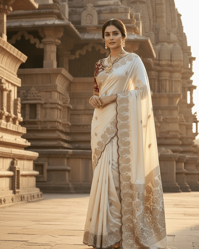 Elegant Satin Soft Silk Embroidery Saree with Sequins & Zari Work - Rosepetals Luxe