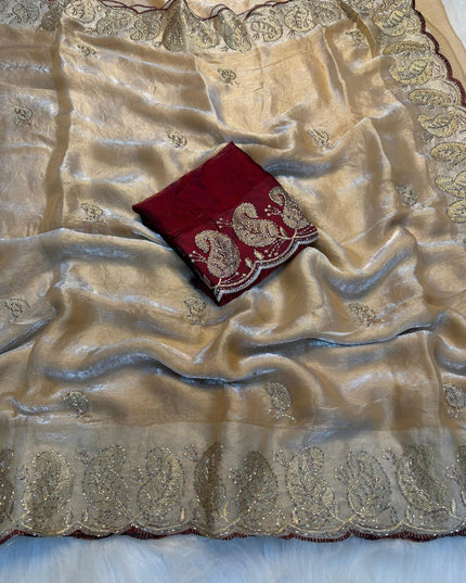 Elegant Satin Soft Silk Embroidery Saree with Sequins & Zari Work - Rosepetals Luxe