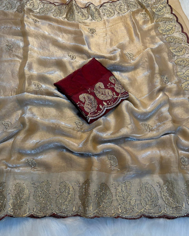Elegant Satin Soft Silk Embroidery Saree with Sequins & Zari Work - Rosepetals Luxe