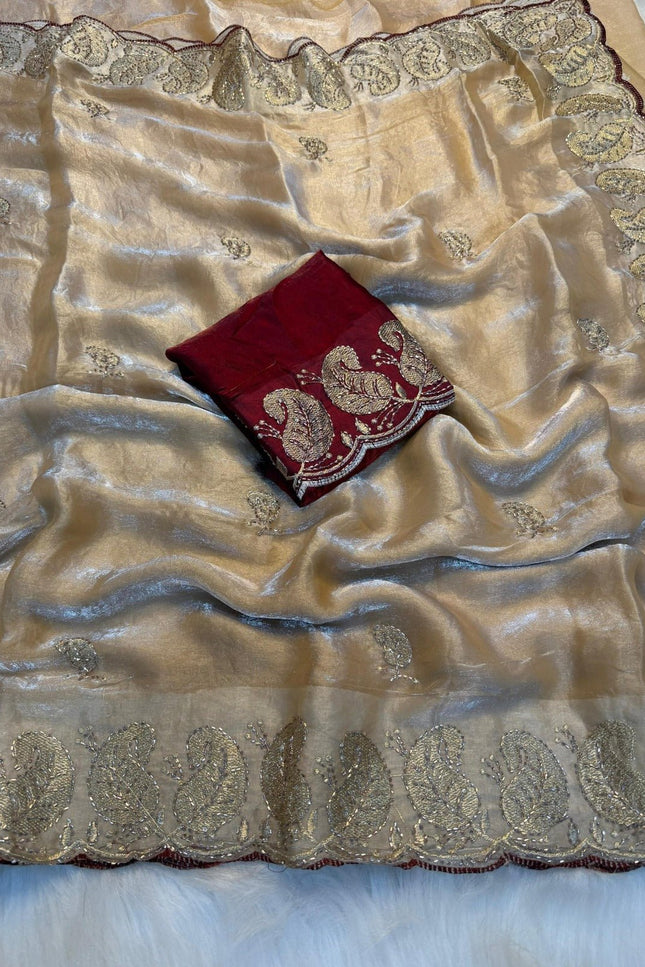Elegant Satin Soft Silk Embroidery Saree with Sequins & Zari Work - Rosepetals Luxe