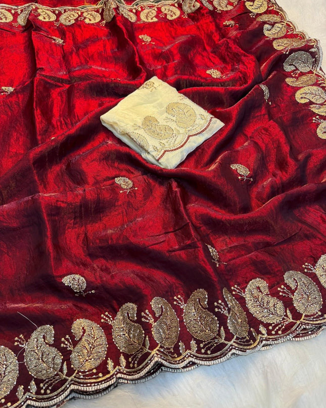 Elegant Satin Soft Silk Embroidery Saree with Sequins & Zari Work - Rosepetals Luxe
