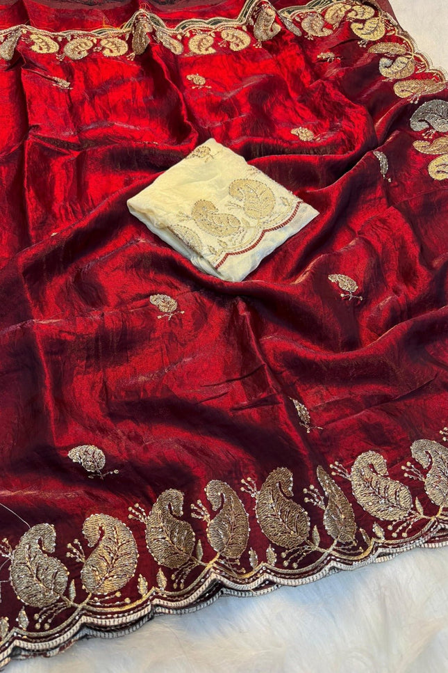 Elegant Satin Soft Silk Embroidery Saree with Sequins & Zari Work - Rosepetals Luxe