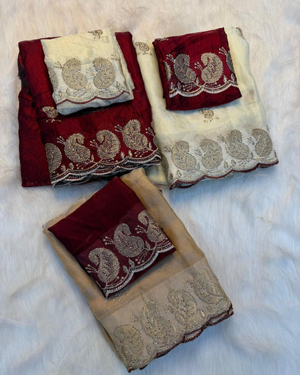 Elegant Satin Soft Silk Embroidery Saree with Sequins & Zari Work - Rosepetals Luxe