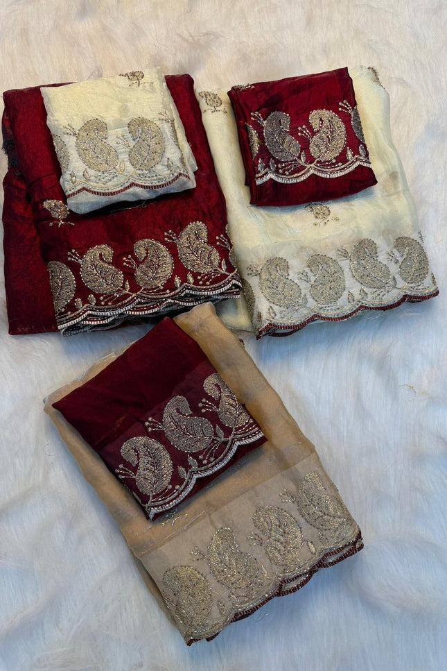 Elegant Satin Soft Silk Embroidery Saree with Sequins & Zari Work - Rosepetals Luxe