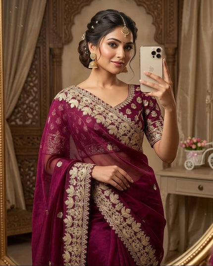 Elegant Satin Soft Silk Saree with Coding Sequence Work - Rosepetals Luxe