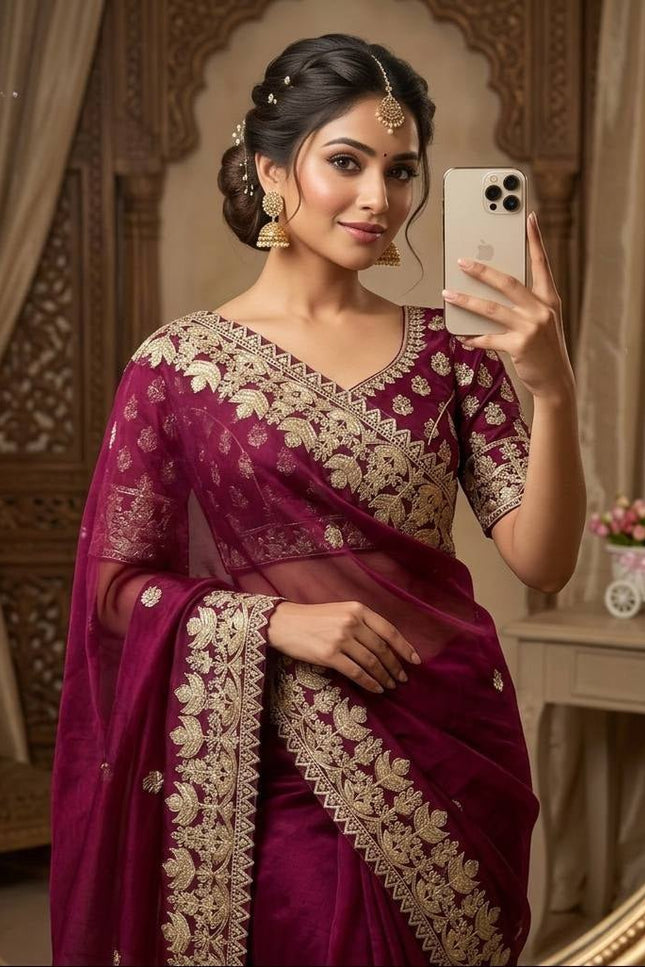 Elegant Satin Soft Silk Saree with Coding Sequence Work - Rosepetals Luxe