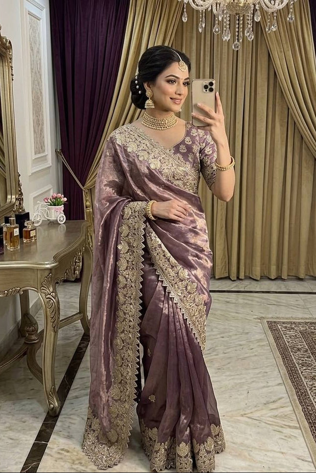 Elegant Satin Soft Silk Saree with Coding Sequence Work - Rosepetals Luxe