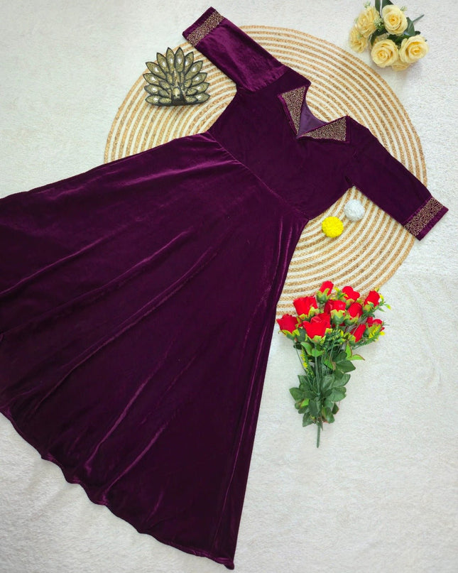 Elegant Velvet 9000 Festival Gown with Designer Hand Embroidery - Rosepetals Luxe