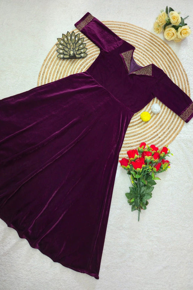 Elegant Velvet 9000 Festival Gown with Designer Hand Embroidery - Rosepetals Luxe