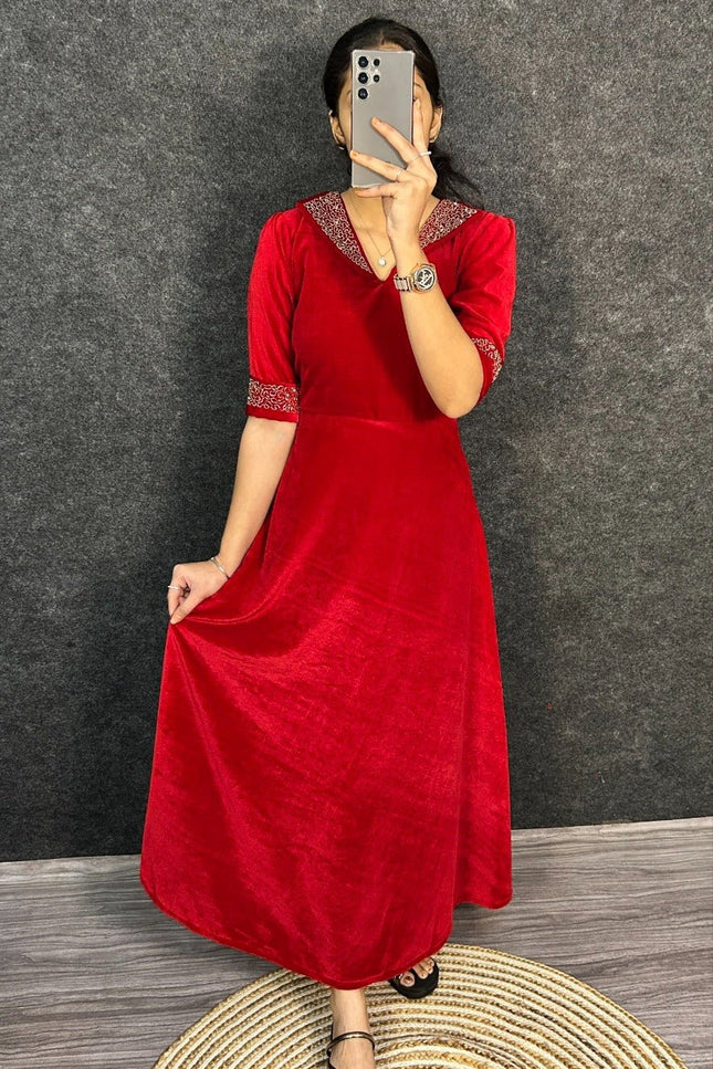 Elegant Velvet 9000 Festival Gown with Designer Hand Embroidery - Rosepetals Luxe