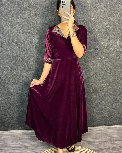 Elegant Velvet 9000 Festival Gown with Designer Hand Embroidery - Rosepetals Luxe