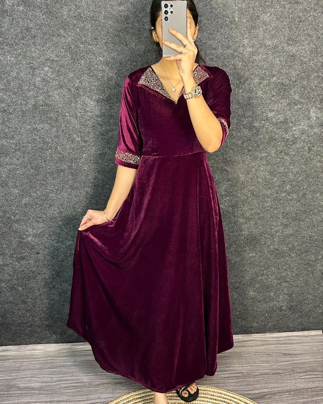 Elegant Velvet 9000 Festival Gown with Designer Hand Embroidery - Rosepetals Luxe