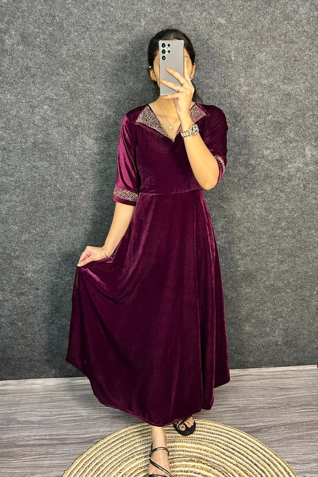 Elegant Velvet 9000 Festival Gown with Designer Hand Embroidery - Rosepetals Luxe