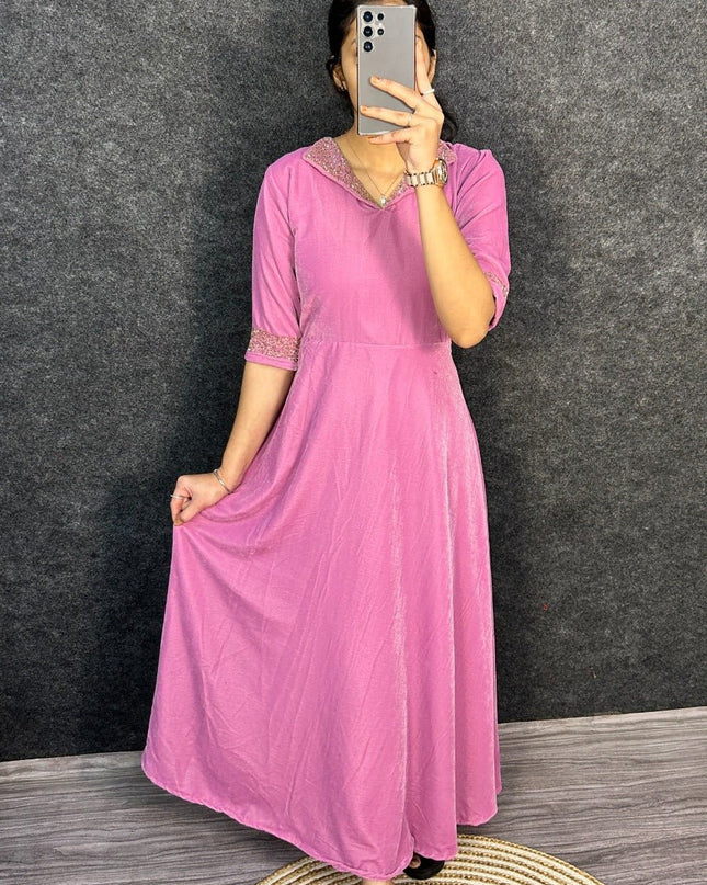 Elegant Velvet 9000 Festival Gown with Designer Hand Embroidery - Rosepetals Luxe