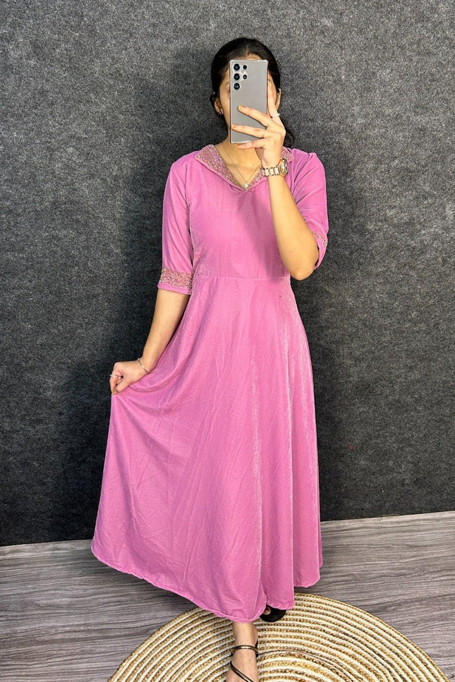 Elegant Velvet 9000 Festival Gown with Designer Hand Embroidery - Rosepetals Luxe