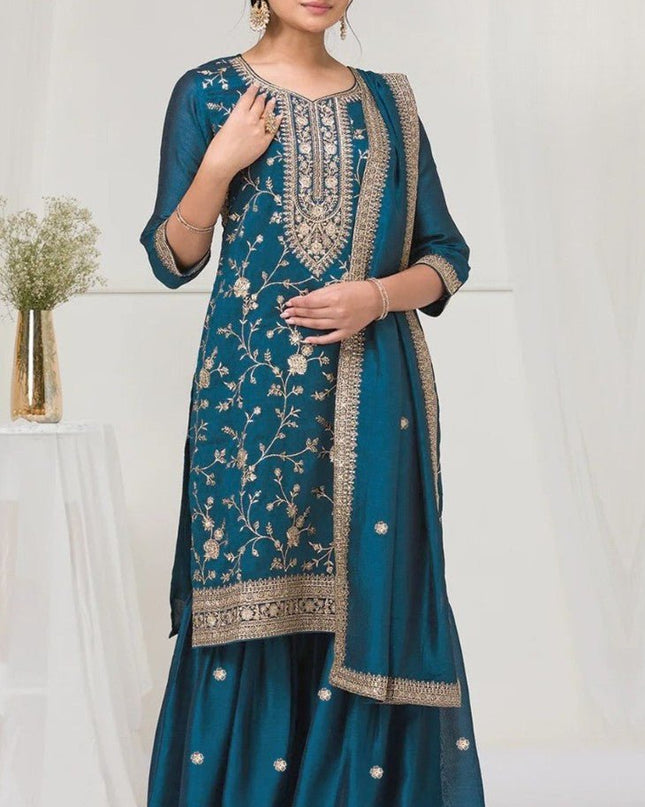 Elegant Vichitra Palazzo Suit with Heavy Embroidery Sequence Work - Rosepetals Luxe