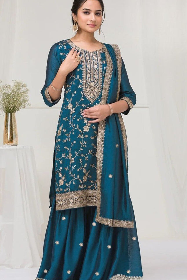 Elegant Vichitra Palazzo Suit with Heavy Embroidery Sequence Work - Rosepetals Luxe
