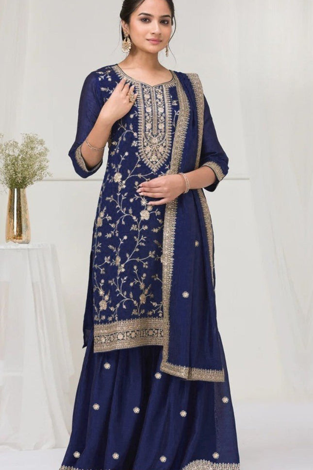 Elegant Vichitra Palazzo Suit with Heavy Embroidery Sequence Work - Rosepetals Luxe