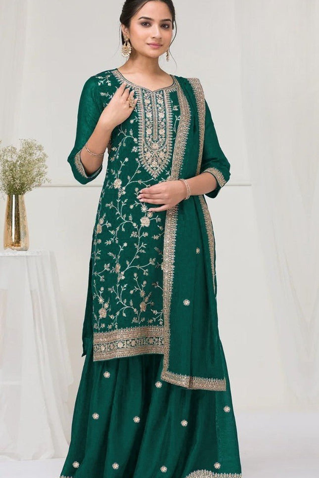 Elegant Vichitra Palazzo Suit with Heavy Embroidery Sequence Work - Rosepetals Luxe