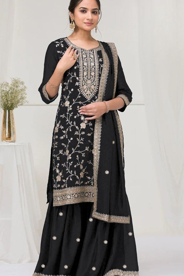 Elegant Vichitra Palazzo Suit with Heavy Embroidery Sequence Work - Rosepetals Luxe