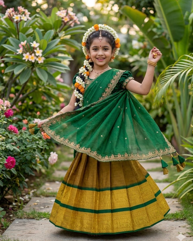 Elephant Kids Half - Saree | Cotton Silk Lehenga Choli & Dupatta Set - Rosepetals Luxe