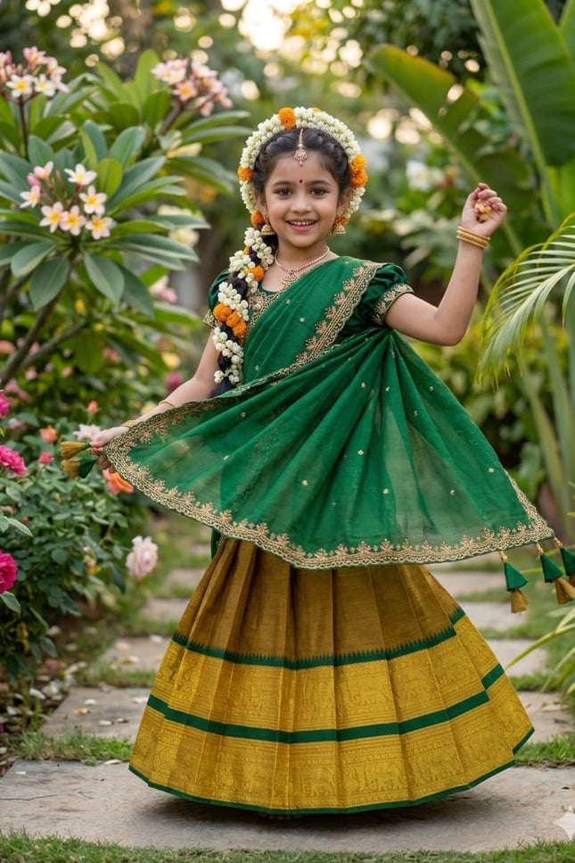 Elephant Kids Half - Saree | Cotton Silk Lehenga Choli & Dupatta Set - Rosepetals Luxe