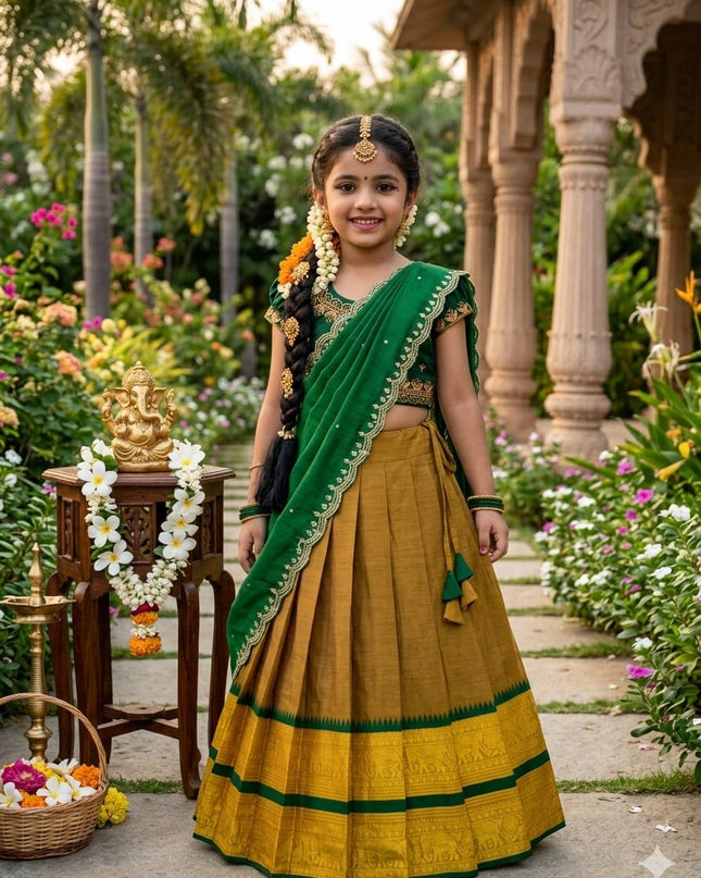 Elephant Kids Half - Saree | Cotton Silk Lehenga Choli & Dupatta Set - Rosepetals Luxe