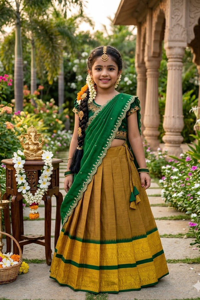 Elephant Kids Half - Saree | Cotton Silk Lehenga Choli & Dupatta Set - Rosepetals Luxe