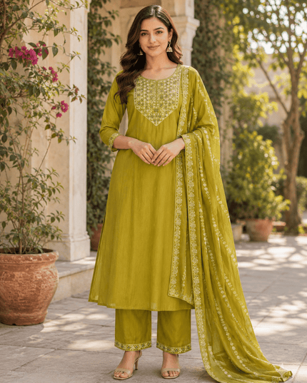Embroidered Bamboo Slub Kurta Set with Printed Dupatta - Rosepetals Luxe