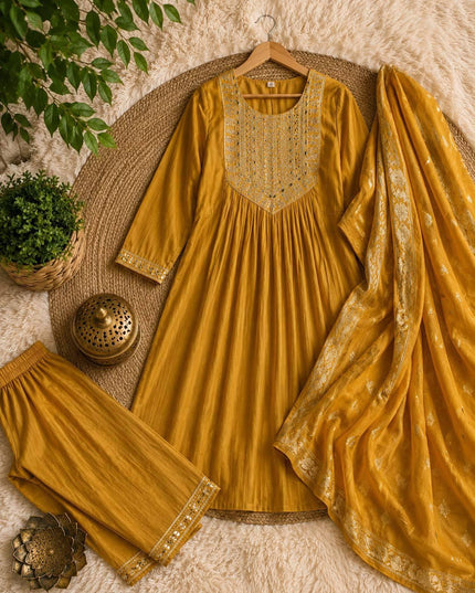 Embroidered Bamboo Slub Kurta Set with Printed Dupatta - Rosepetals Luxe