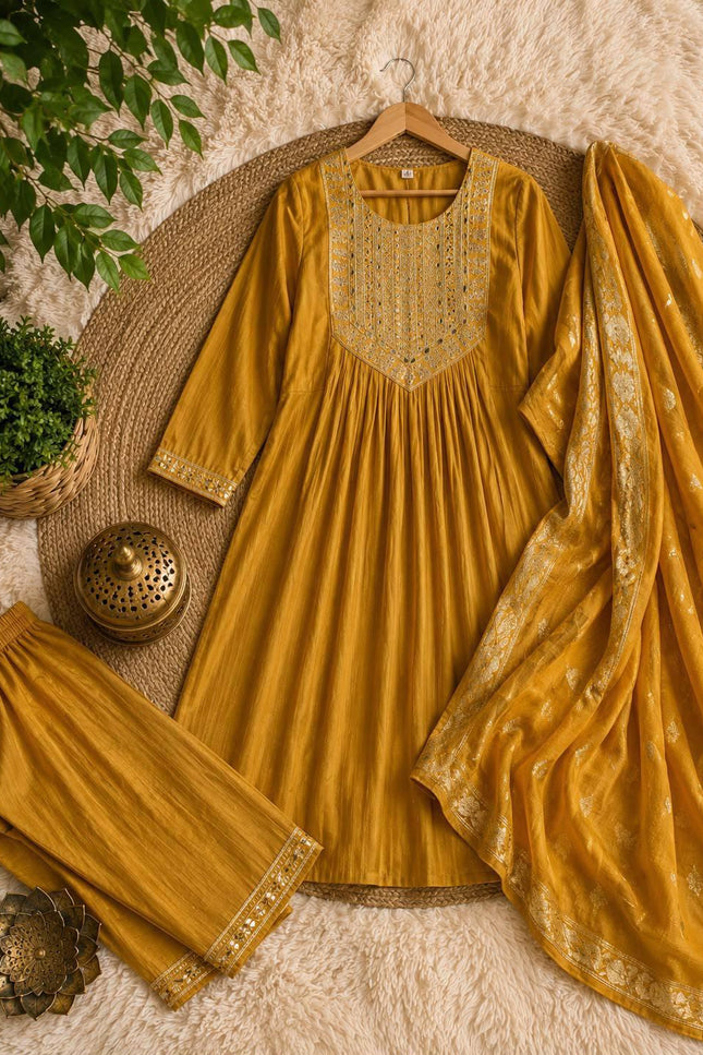 Embroidered Bamboo Slub Kurta Set with Printed Dupatta - Rosepetals Luxe
